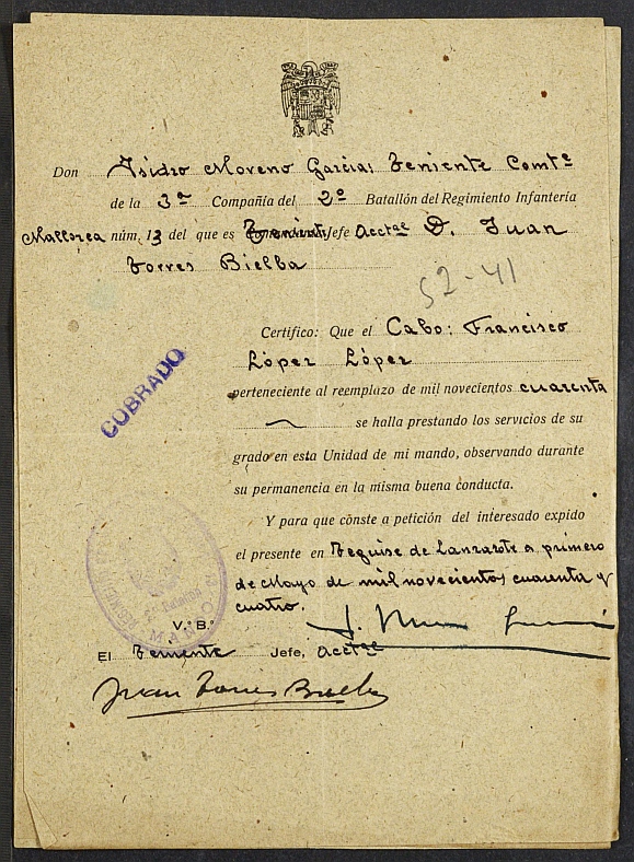 Expediente nº 221/1944 de beneficiario del subsidio al combatiente de Francisco López López